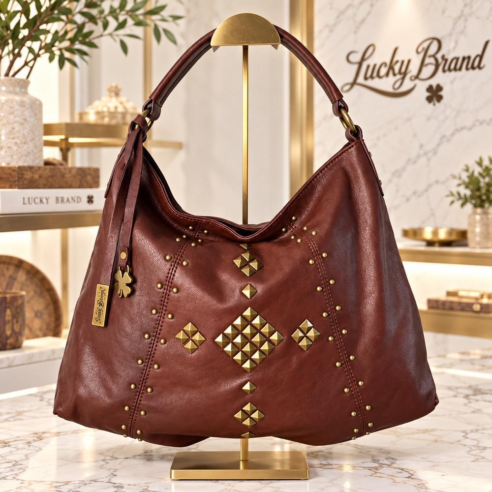 Lucky Brand Brown Leather Studded Hobo Shoulder Bag Cognac Western Boho